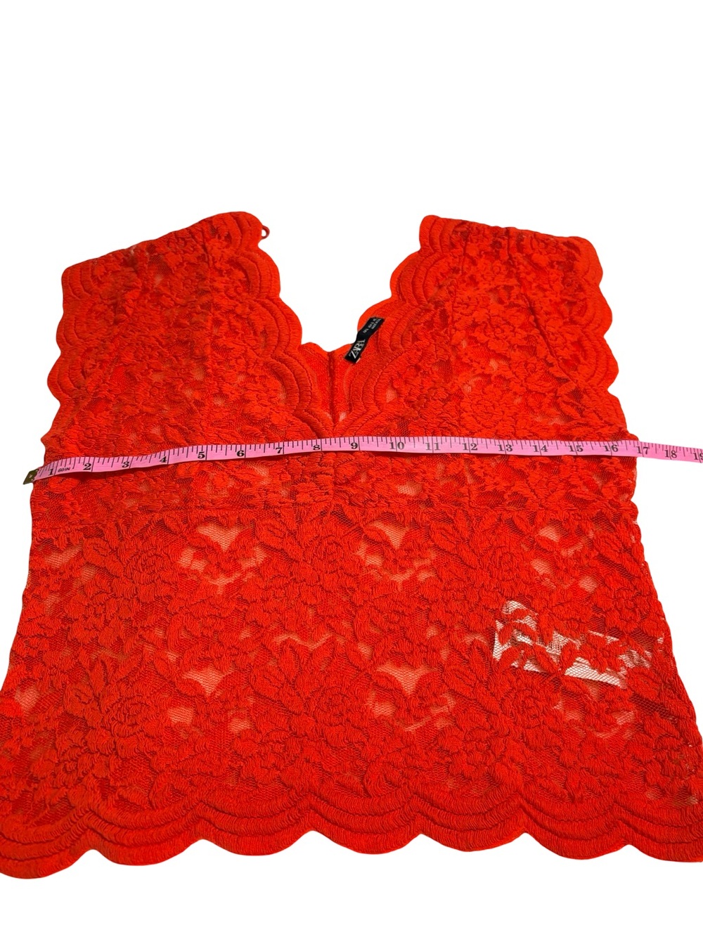 Zara Red Floral Lace Sheer Top Scalloped Stretch Blouse L - Picture 6 of 10